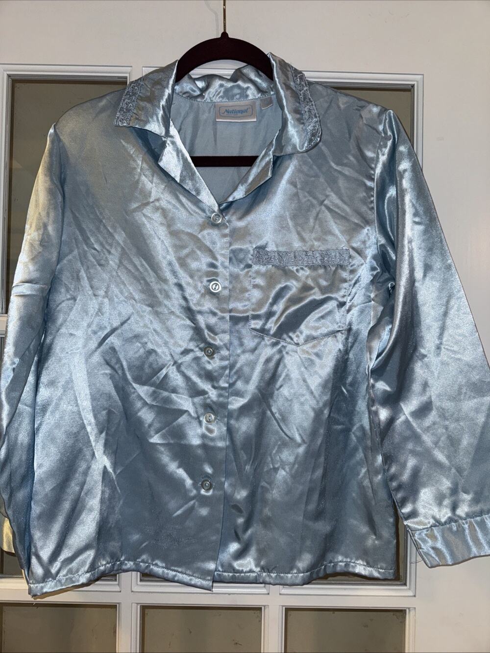 Vintage Sleep Shirt Pajama Top Blue Stitching Detail Collar and Pocket Button Up